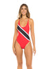 Trinidad & Tobago Flag One-Piece Swimsuit featuring bold red, black, and white colors. Designed with an X-back and made from Nylon and Spandex for comfort and flexibility. True to size fit, ideal for carnival, festival, or beach events. Machine washable for easy care. #carnivalmw #carnival #mondaywear #onepiece #swimsuit #trinidad