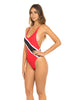 Trinidad & Tobago Flag One-Piece Swimsuit featuring bold red, black, and white colors. Designed with an X-back and made from Nylon and Spandex for comfort and flexibility. True to size fit, ideal for carnival, festival, or beach events. Machine washable for easy care. #carnivalmw #carnival #mondaywear #onepiece #swimsuit #trinidad
