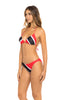 Trinidad & Tobago Flag Two-Piece Bikini Swimsuit featuring bold red, black, and white colors. Made from Nylon and Spandex for comfort and flexibility. True to size fit with removable pads, ideal for ages 16 and up. Perfect for carnival, festival, or beach events. Machine washable for easy care. #carnivalmw #carnival #mondaywear #swimsuit #trinidad