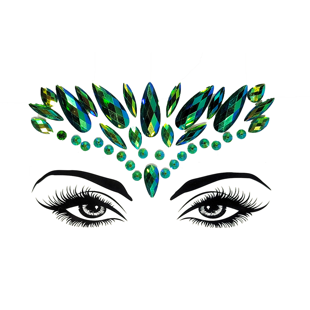 Radiant multicolor Tulsi Face Gem Stickers featuring reflective resin rhinestone and acrylic diamond design. Glow-in-the-dark feature for night festivals