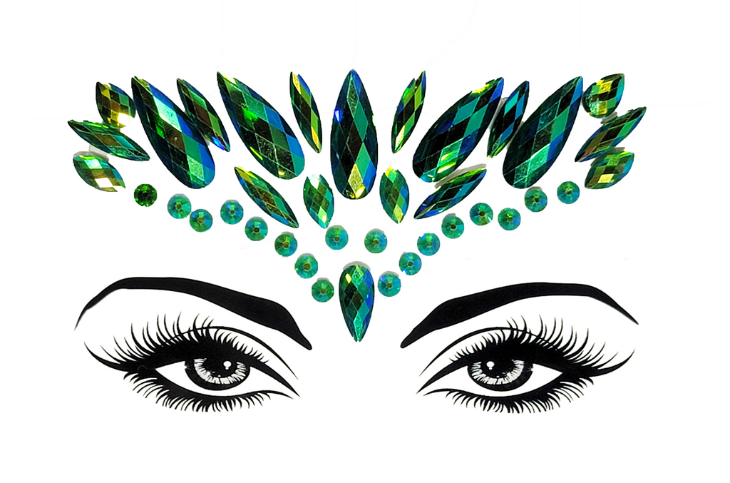 Radiant multicolor Tulsi Face Gem Stickers featuring reflective resin rhinestone and acrylic diamond design. Glow-in-the-dark feature for night festivals. Adjustable fit for ages 12 and up, perfect for adding a serene touch to festival and carnival attire. Eco-friendly and non-toxic materials ensure safe and creative expression. #carnivalmw #festivalfashion