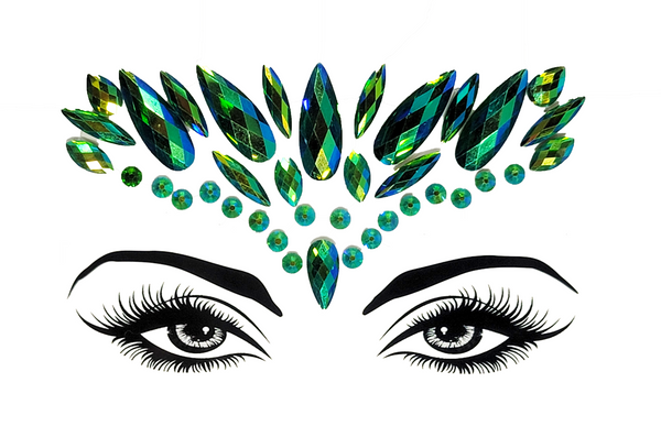 Radiant multicolor Tulsi Face Gem Stickers featuring reflective resin rhinestone and acrylic diamond design. Glow-in-the-dark feature for night festivals. Adjustable fit for ages 12 and up, perfect for adding a serene touch to festival and carnival attire. Eco-friendly and non-toxic materials ensure safe and creative expression. #carnivalmw #festivalfashion