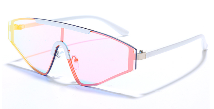 A pair of Vibes Sunglasses featuring a full lens design extending to the arms, showcasing a unique chunky style inspired by the 90s. The sunglasses have a plastic-based frame with metal accents, and UV400 protected lenses, available in various vibrant colors. #carnivalmw #carnivalcostume #mondaywear #carnival