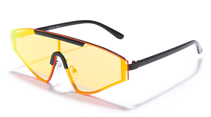 A pair of Vibes Sunglasses featuring a full lens design extending to the arms, showcasing a unique chunky style inspired by the 90s. The sunglasses have a plastic-based frame with metal accents, and UV400 protected lenses, available in various vibrant colors. #carnivalmw #carnivalcostume #mondaywear #carnival