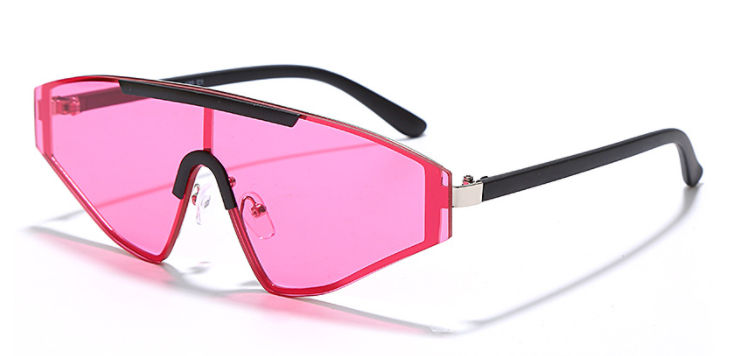 A pair of Vibes Sunglasses featuring a full lens design extending to the arms, showcasing a unique chunky style inspired by the 90s. The sunglasses have a plastic-based frame with metal accents, and UV400 protected lenses, available in various vibrant colors. #carnivalmw #carnivalcostume #mondaywear #carnival