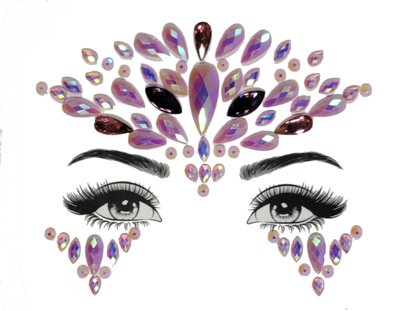 Elegant purple Virgo Face Gem Stickers featuring reflective resin rhinestone and acrylic diamond design. Adjustable fit for ages 12 and up, perfect for adding a harmonious touch to festival and carnival attire. Eco-friendly and non-toxic materials ensure safe and creative expression. #carnivalmw #festivalfashion