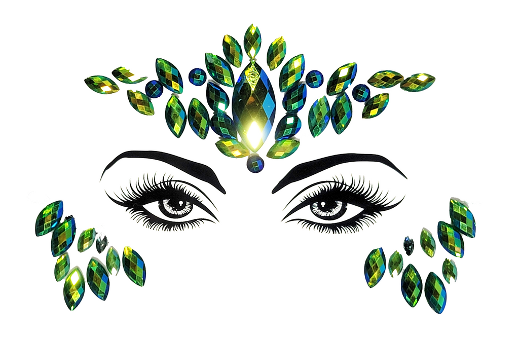 Serene multicolor Yami Face Gem Stickers featuring reflective resin rhinestone and acrylic diamond design. Adjustable fit for ages 12 and up, perfect for adding a tranquil touch to festival and carnival attire. Eco-friendly and non-toxic materials ensure safe and creative expression. #carnivalmw #festivalfashion